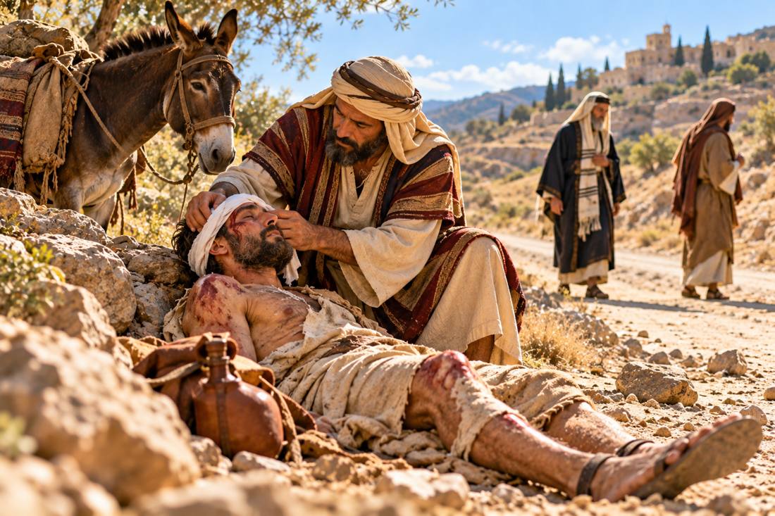 A Samaritan traveler kneels beside a wounded man on the rocky Jericho road, bandaging his head, while a priest and a Levite walk away in the distance