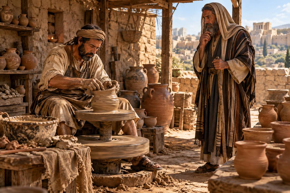 A potter shaping clay on a stone wheel while the prophet Jeremiah watches, with Jerusalem in the background