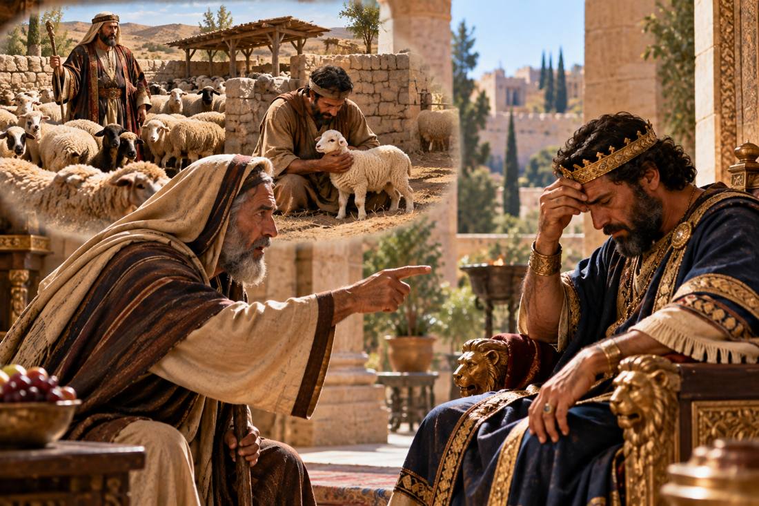 The prophet Nathan points at King David, who sits on his throne with his head in his hand; above them, the story of the rich man and the poor man's ewe lamb