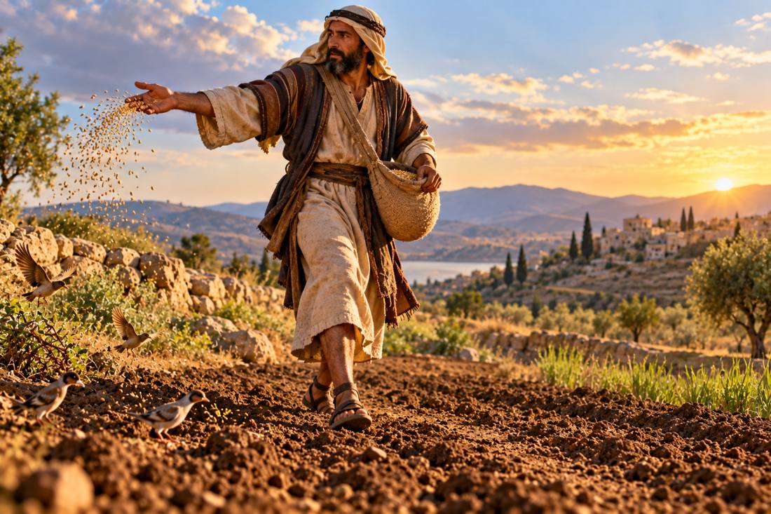 A Galilean farmer broadcasts seed by hand from a bag at his side while birds gather on the path, with the Sea of Galilee and a hillside town behind him